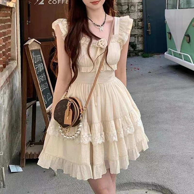

2023 Dress Women Gentle Sweet Fly Sleeve Puffy Dress Elegant Floral Lace Ruffle Summer Light Dress Daily Casual Commuter Dress