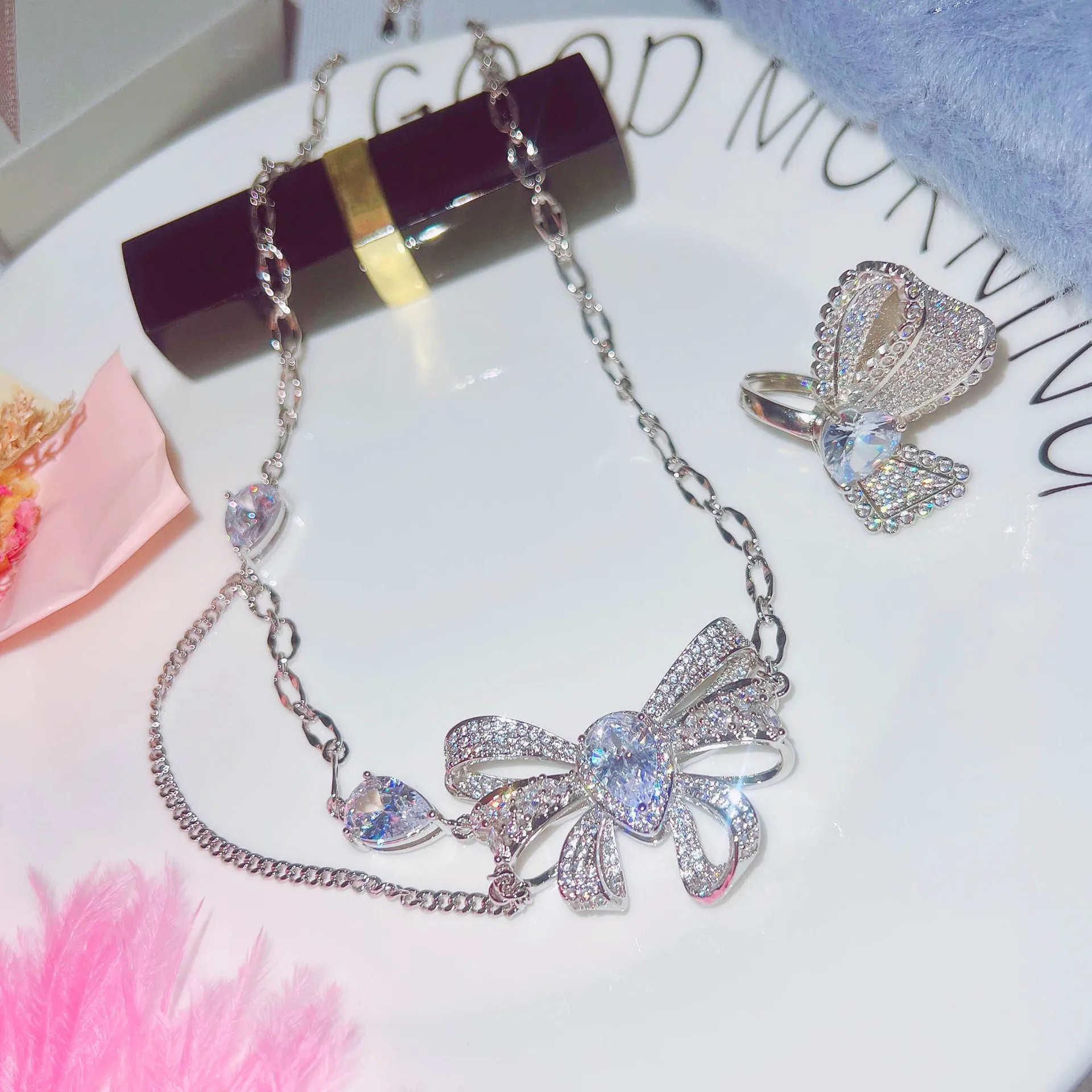 

Luxury Water Drop CZ Women Wedding Set Ring/Necklace High Quality Silver Color Bowknot Jewelry Sets Eternity Accessories