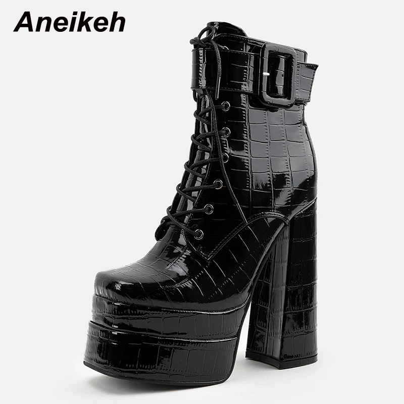

Aneikeh for Women 2023 Heels Rome Mid-Calf Square Heel Winter Boots Black Patent Leather Zippers Party Work & Safety Shoes 36-43