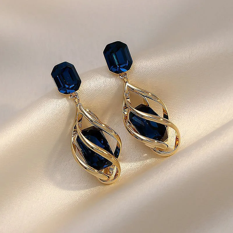 

KRLA Korean Fashion Emerald Crystal Dangle Earrings for Women Trendy Gold Color Hollow Stud Plated Column Wedding Party