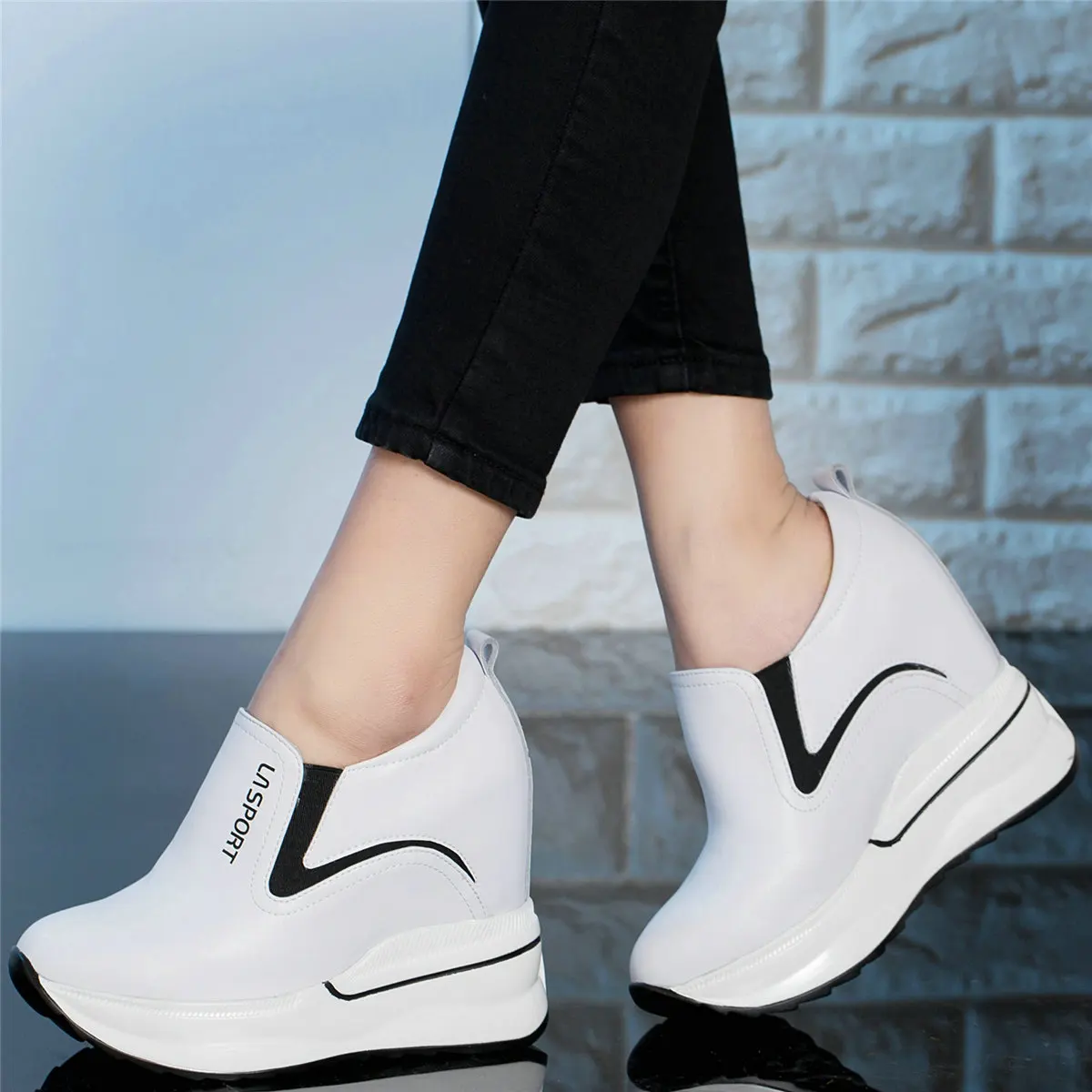 12cm Super High Heels Party Shoes Women Genuine Leather Wedges Platform Pumps Female Round Toe Fashion Sneakers Casual Shoes
