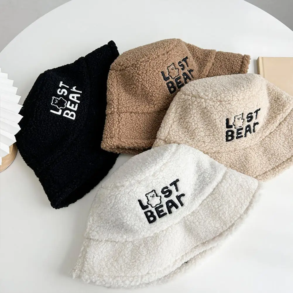 

Embroidery Letter Print Fisherman Hat Autumn Winter Embroidery Letter Print Bucket Hat Cute Imitation Lambswool for Girls