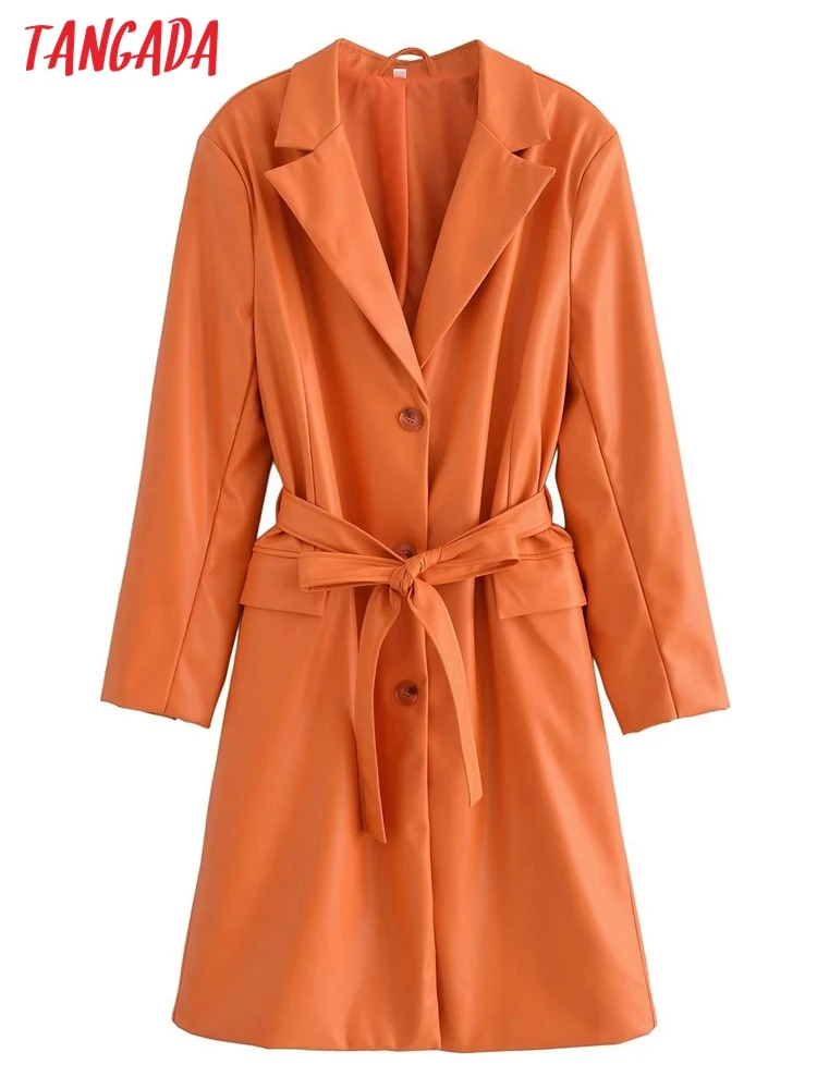

Tangada Women Orange Faux Leather Trench Coat with Belt 2022 Autumn Elegant Female Outwear Windbreak QN94