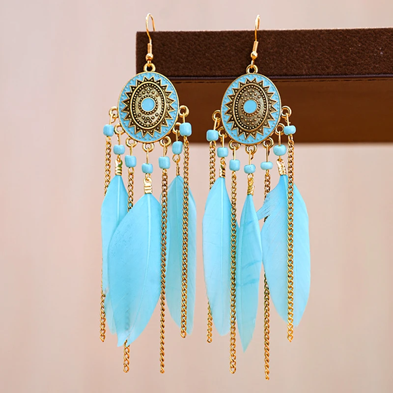 

Ethnic Oval Drop Glaze Feather Earrings for Women Vintage Long Gold Color Chain Beads Tassel Earring Boho Pendientes Mujer