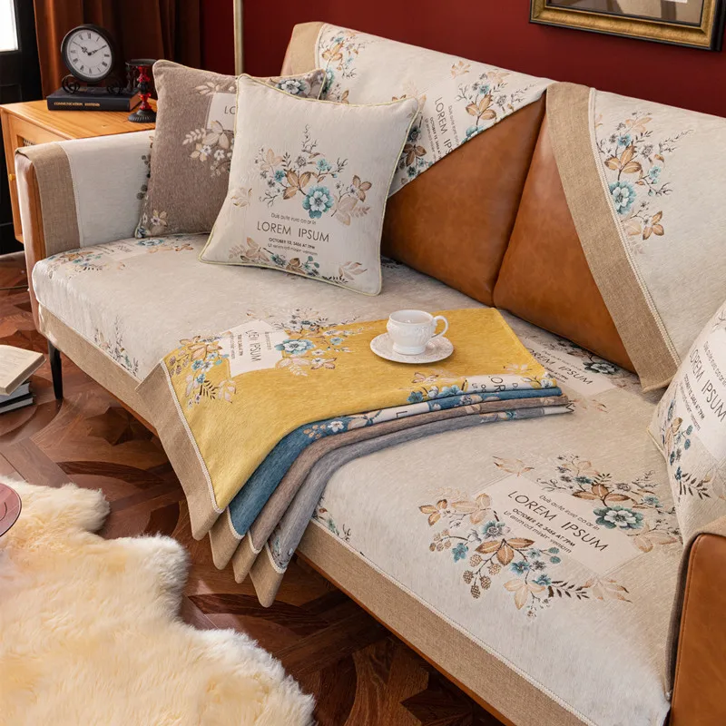 

Retro Jacquard Non-slip Living Room Towel Seater Cover Plant Floral Bench Cover Gray L-Shaped Corner Sofa Cushion American