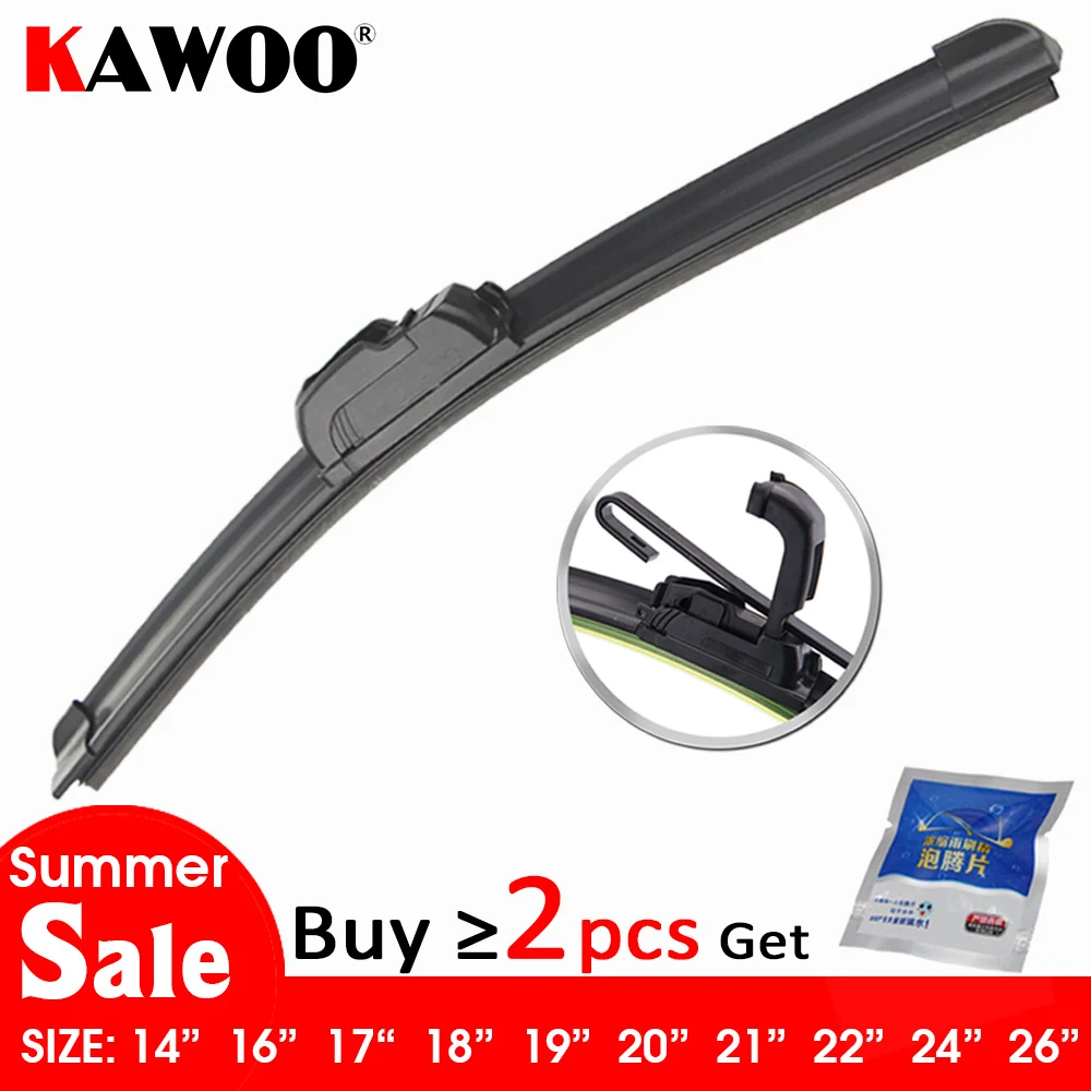 

KAWOO Universal Car Wiper Blade J-Hook Soft Frameless Bracketless Rubber Car Windshield Wipers 14"16"17"18"19"20"21"22"24"26"
