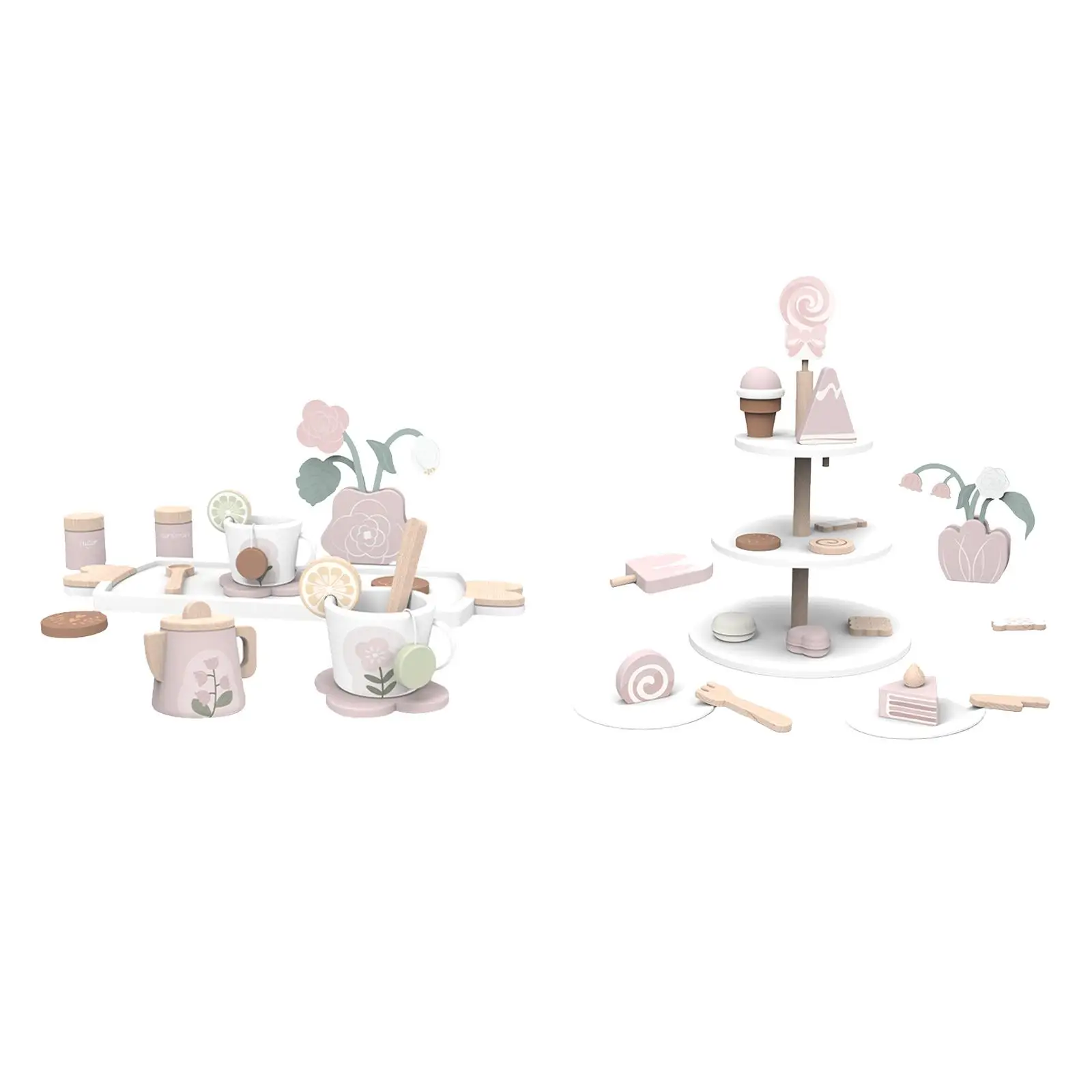 

Wooden Toys with Accessories Tea Coffee Cup, Saucers , Tray,Dessert Wooden Tea Set for play Toy
