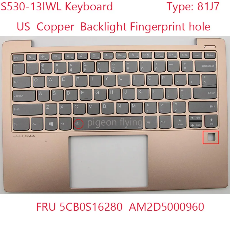 

S530-13IWL Keyboard 5CB0S16280 AM2D5000960 For ideapad S530-13IWL Laptop 81J7 US Copper Backlight Fingerprint hole 100% Test