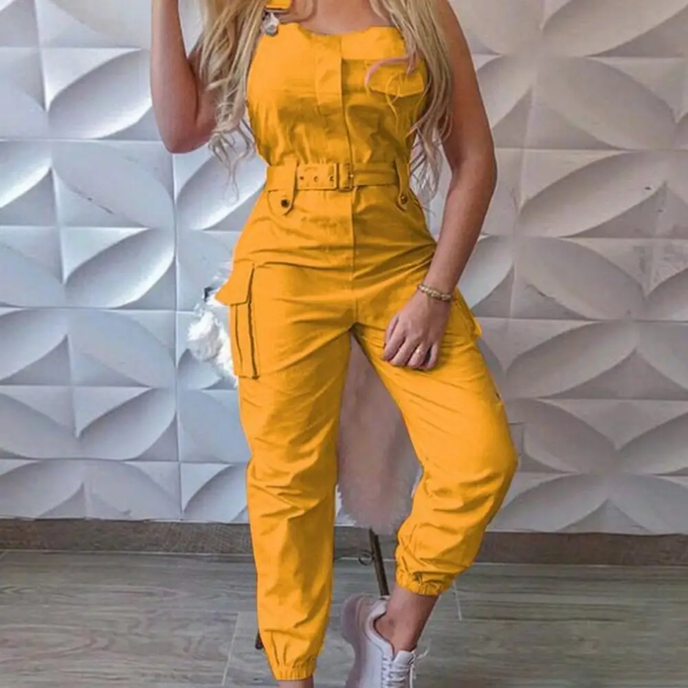 

Casual Sleeveless Polyester Ankle Tied Cargo Jumpsuit Breathable Solid Color Lady Jumpsuit All Match High Waist Lady Romper