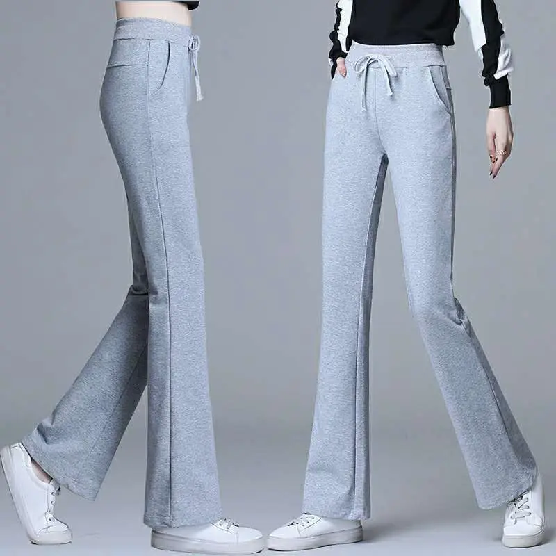 

2022 Spring Autumn Women's Elastic Waist Cotton Trousers Sports Straight Pants Wide Leg Trousers Female Casual Trousers W44