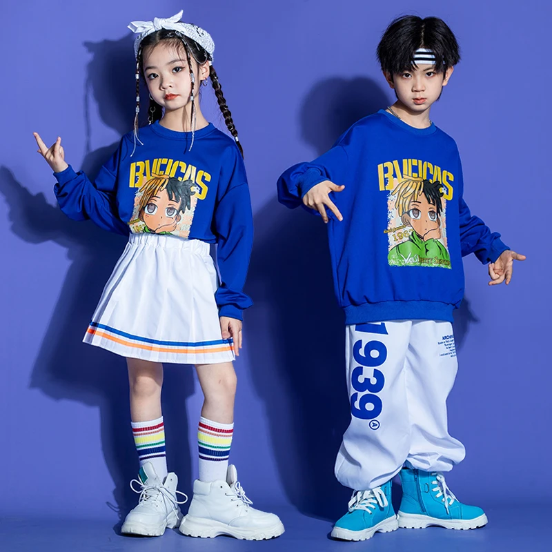 

Kids Teen Kpop Outfits Hip Hop Clothing Blue Sweatshirt Tops White Jogger Pants For Girl Boy Jazz Street Dance Costume Clothes