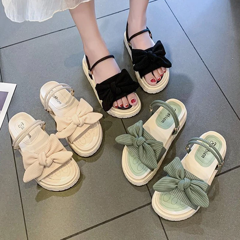 

Thick-soled Sandals Women's 2022 Summer New Fairy Style Outer Wear Bow Beach Slippers Korean Version of the Word Buckle Sandals
