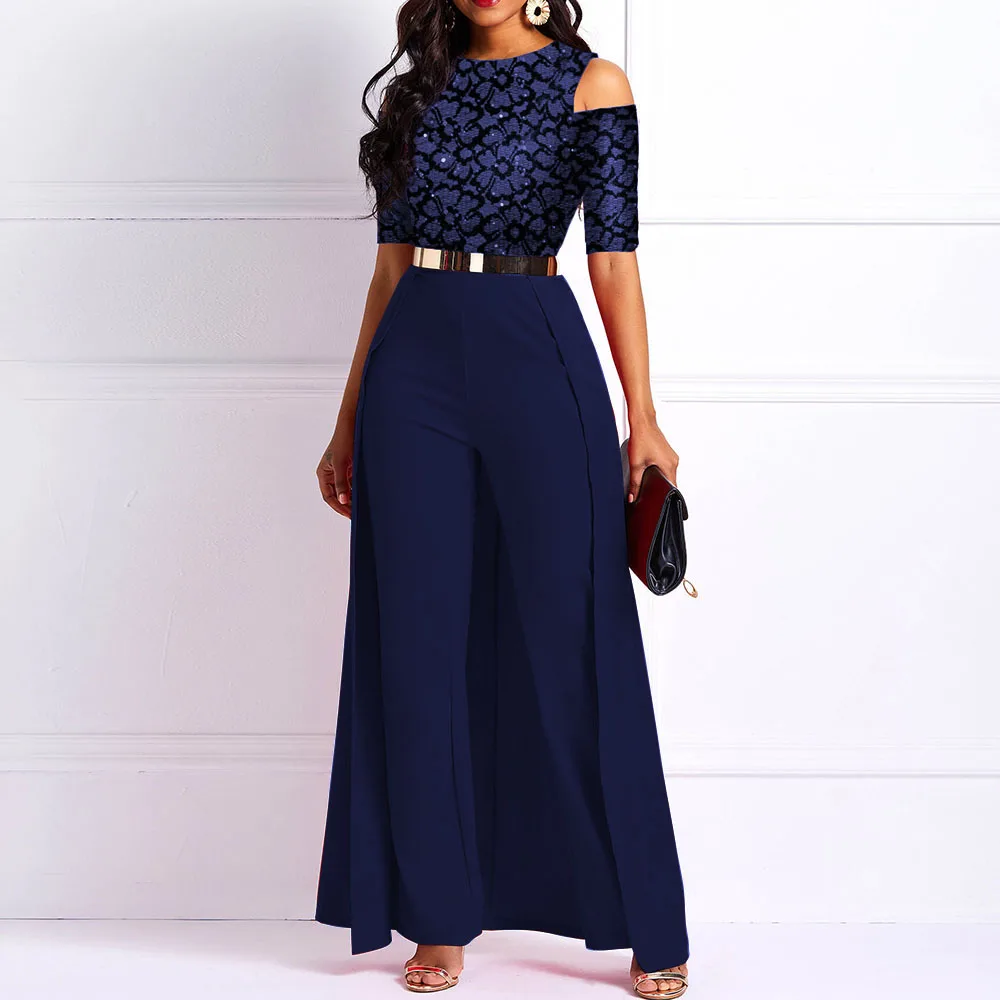 

Full Length Office Lady Asymmetric Slim Women's Jumpsuit Outfits Sexy Lace One Piece Wide Leg Elegant Jumpsuit Trousers Overalls