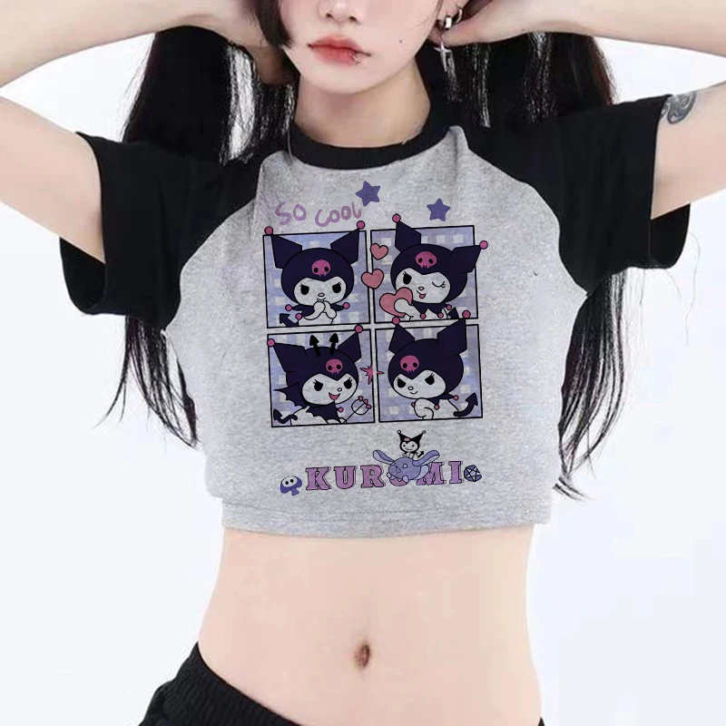 Уличная одежда укороченный топ футболка Kuromi укороченная Sanrio женская в стиле