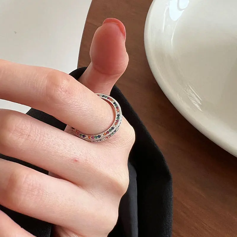 

Real 925 Sterling Silver Rings For Women Fine Jewelry Elegant Rainbow Colorful Rhinestone Woman Ring Silver Finger Accessories