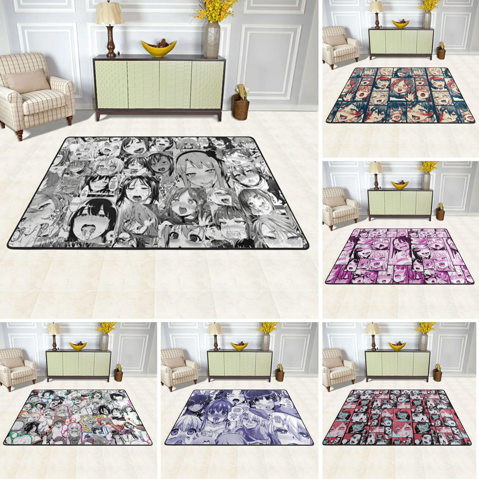 

Anime Ahegao Faces Carpets That Won't Slip Bedroom Rugs Bath Mat Plush Living Room Luxury Fluffy Soft Decoration
