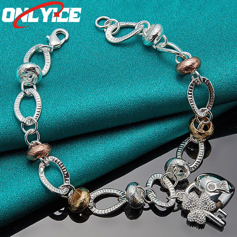 

925 Sterling Silver Gold Rose Gold Hoop Key Lock Pendant Bracelet Ladies Fashion Glamour Party Wedding Engagement Jewelry