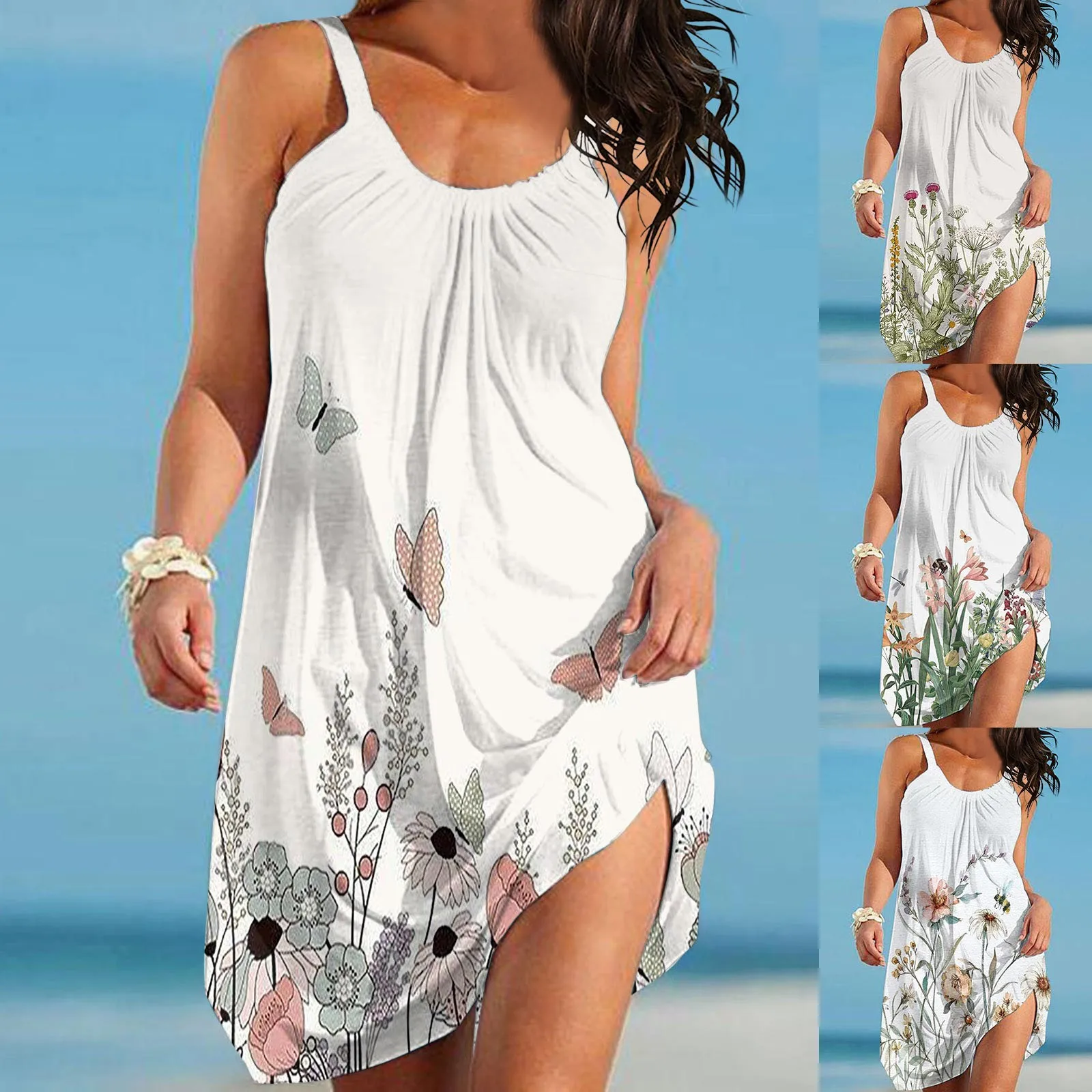 

Summer New European And American Women's Printed Imitation Cotton Off The Shoulder Sling Dress Casual Aline Dress With Sleeves