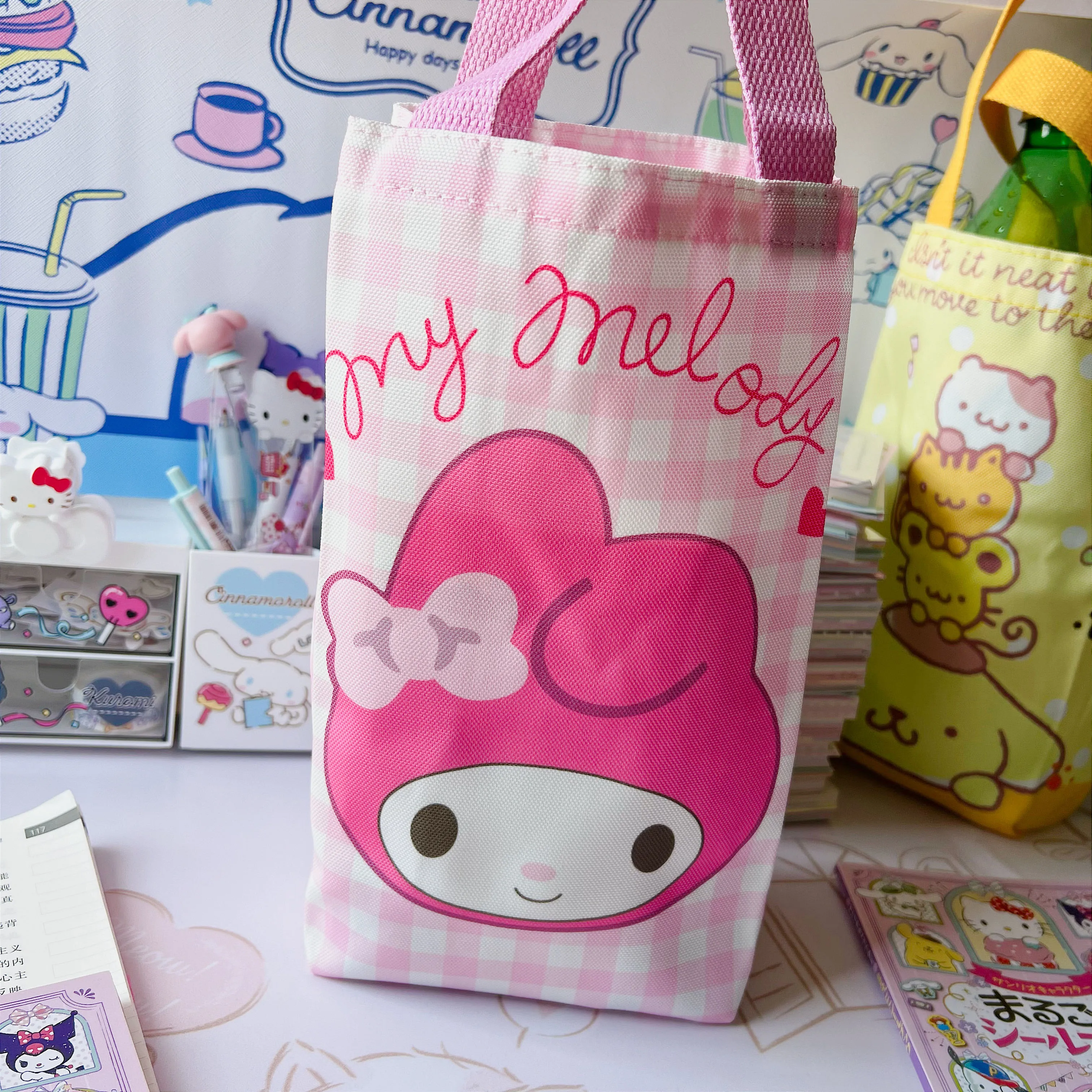 

Kawaii Sanrio Kuromi Cinnamoroll My Melody Water Cup Canvas Bag Vacuum Cup Portable Handbag Carry Kettle Bag Braised Large Bag