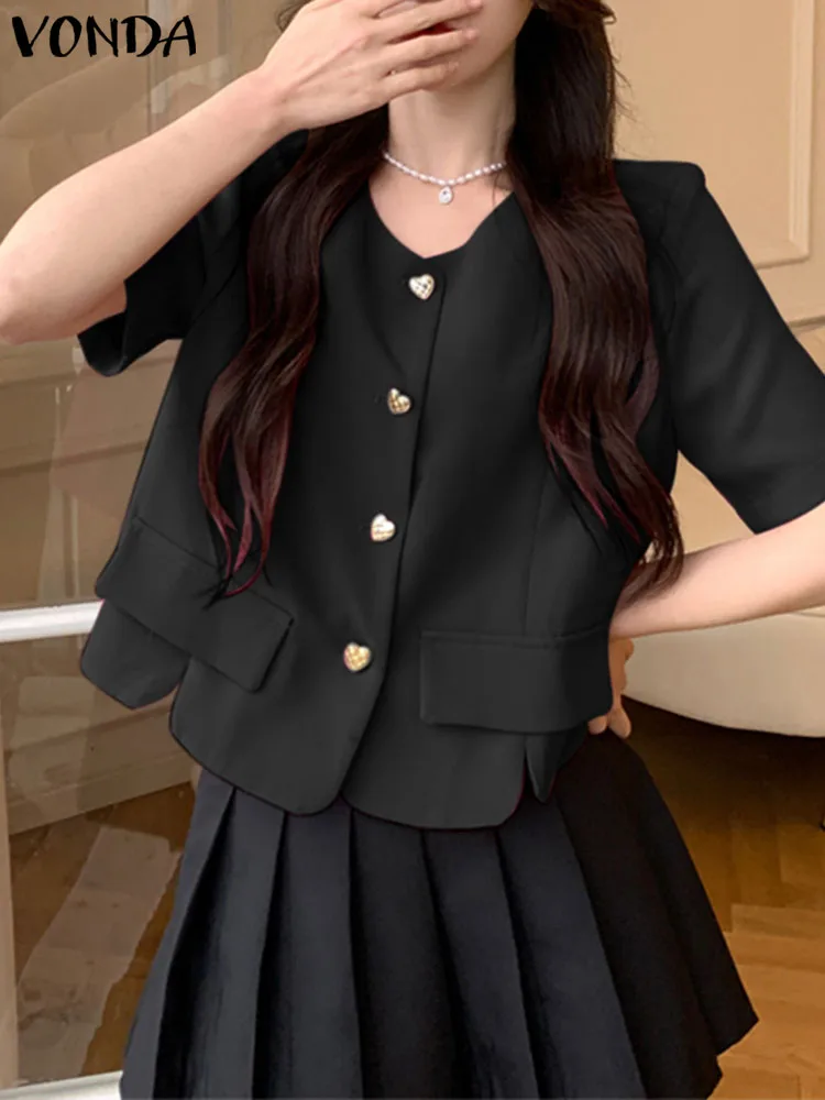 

2023 VONDA элегантные рубашки, летние женские топы с коротким рукавом, повседневные свободные Однотонные блузки на пуговицах, женские блузы с оборками