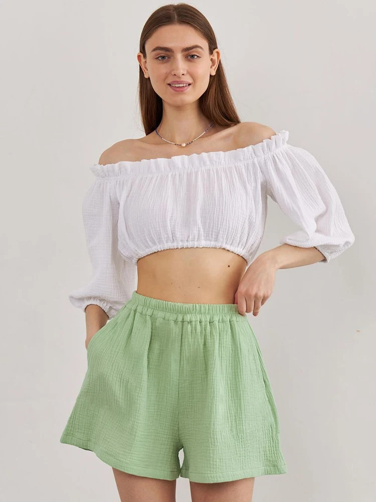 

Пикантная Пижама Hiloc с открытыми плечами, Хлопковая пижама с цветными блоками для женщин, комплекты, короткий топ с рукавами-фонариками, лет...