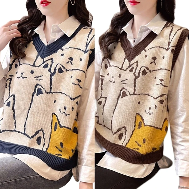 

Женский Осенний вязаный свитер без рукавов, Свободный пуловер в японском стиле колледжа с V-образным вырезом и мультяшным принтом, Топ