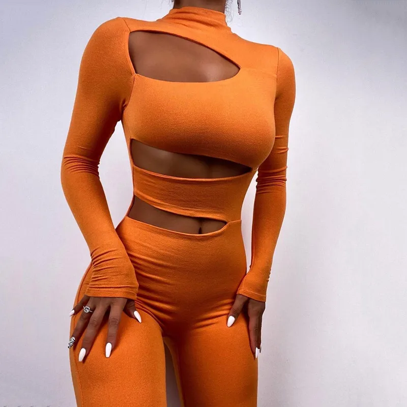 

Winter Hollow Out Black Jumpsuits Women Sexy One Piece Club Outfits For Women Turtleneck Long Sleeve Bodycon Jumpsuit