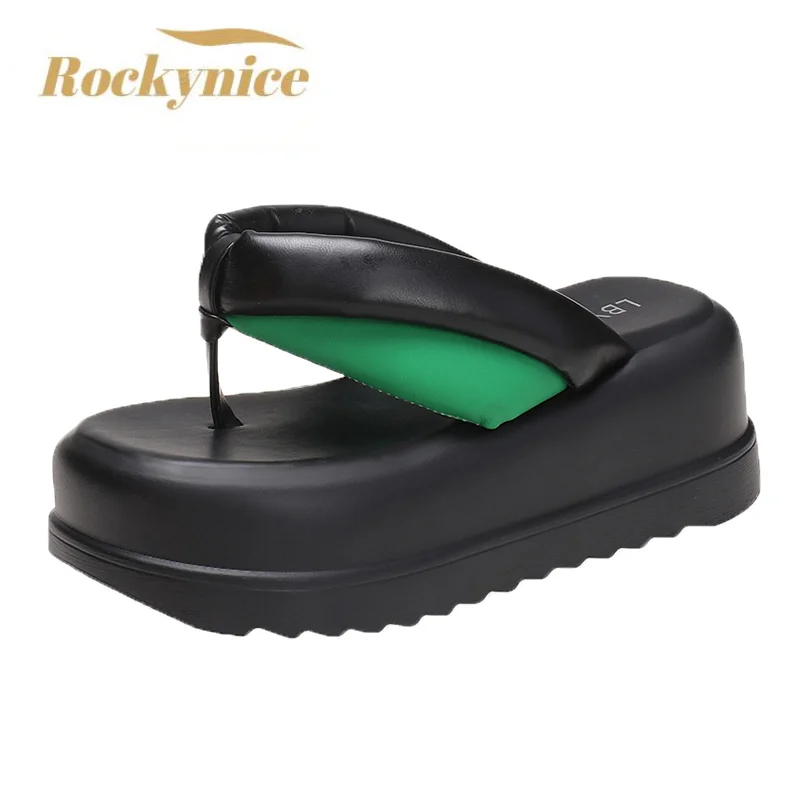 Women Clip Toe Chunky Platform Slippers for Summer 7.5CM Wedge Heels Flip Flops Woman Black Slip-On Thick Bottom Sandals Laides