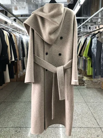 Кашемировое шерстяное пальто DNBS, модная длинная двубортная куртка с шарфом и воротником для женщин, 2024, осенне-зимняя новая коллекция