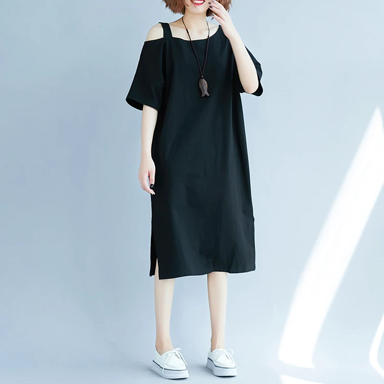 

SuperAen Women's Clothing Pure Cotton Off The Shoulder Loose Summer New Slash Neck Casual Dress for Women