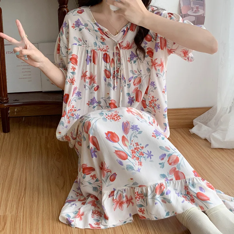 Womens Spring Summer Cotton Short Sleeve Nightgown Dropshipping Nighty Princess Girls Nightdress Ladies Floral Sleeping Dress