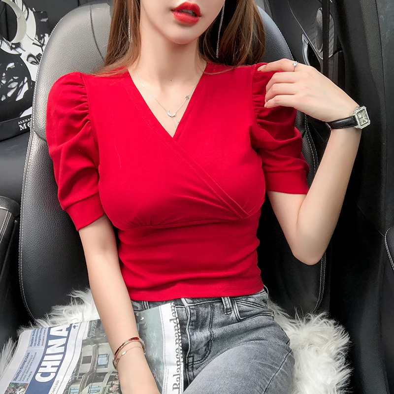 

Women Short Puff Sleeve Cropped Tee Shirts Sexy Crossed V-neck Cotton Crop Tops T-shirts For Girls Summer Clothes Ropa de Mujer