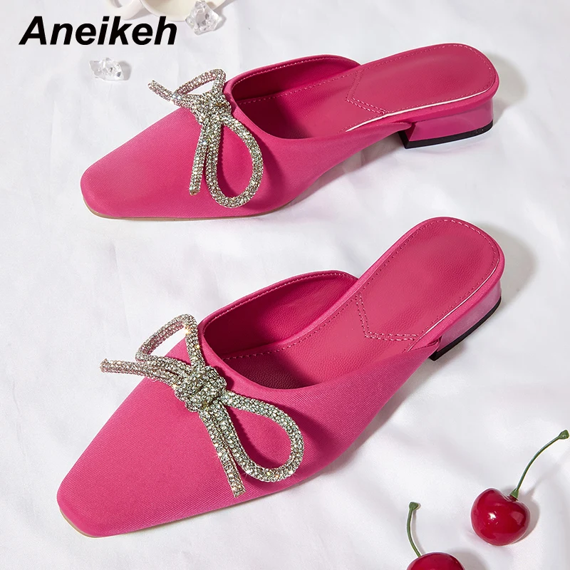 

Aneikeh Fashion Spring Women Shoes 2022 NEW Flock Pointed Toe Crystal Butterfly-Knot Slingbacks Pumps Party Square Heel Shallow