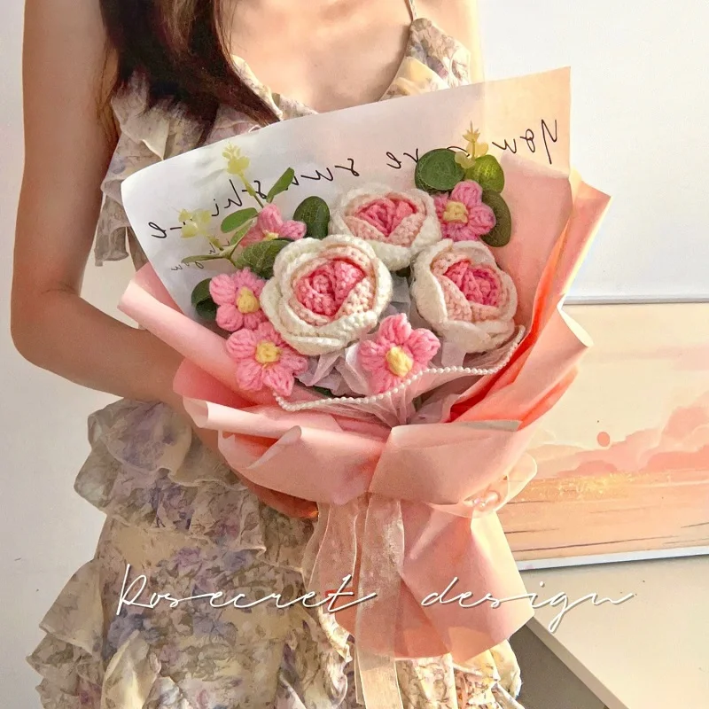 Искусственный букет из шерсти гвоздики ручной вязки Подсолнухи роз хлопковые