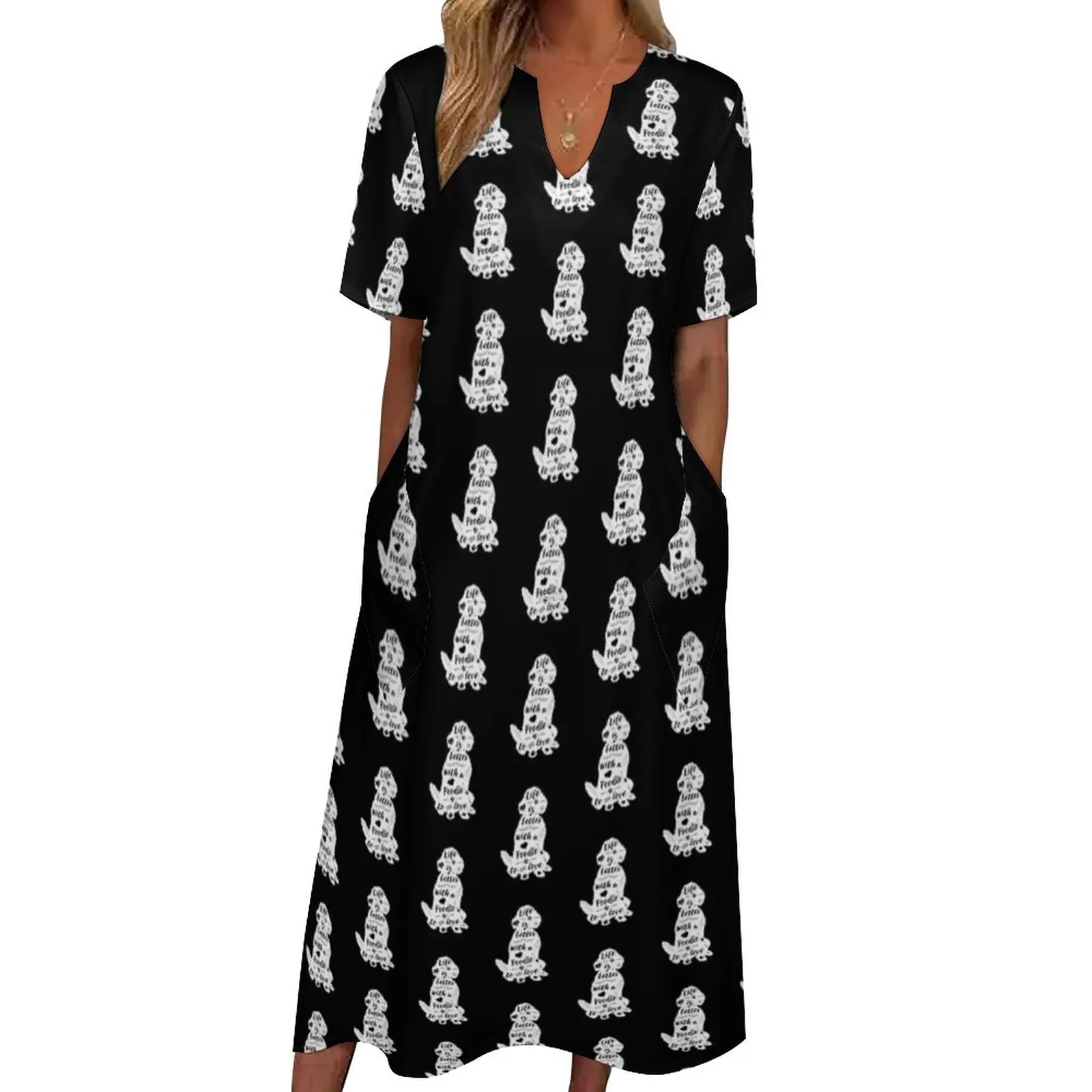 

Cute Poodle Print Dress Life Is Better Elegant Maxi Dress V Neck Graphic Bohemia Long Dresses Street Wear Oversize Clothes