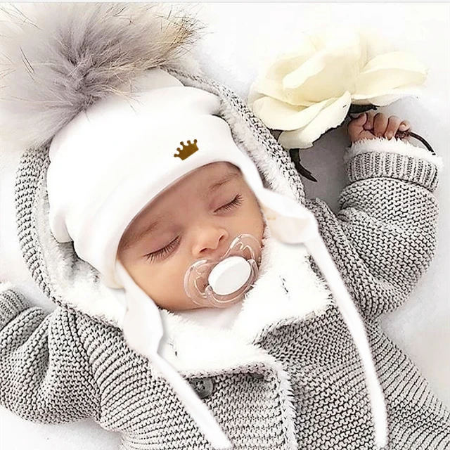 Newborn Baby hat for Boys Girls with ear Warmmer earflap rope Winter Cotton Beanie Pom Pom Bobble crown Hat Cap Hat for Kids boy