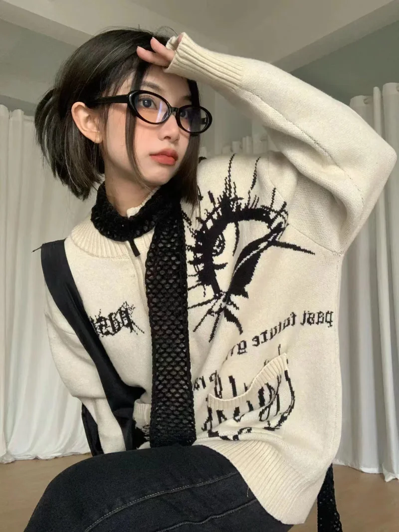 

Трикотажный кардиган в американском ретро-стиле с круглым вырезом Y2k, свитер на молнии с длинными рукавами и принтом в стиле панк, весна 2023, модные повседневные гранж-топы