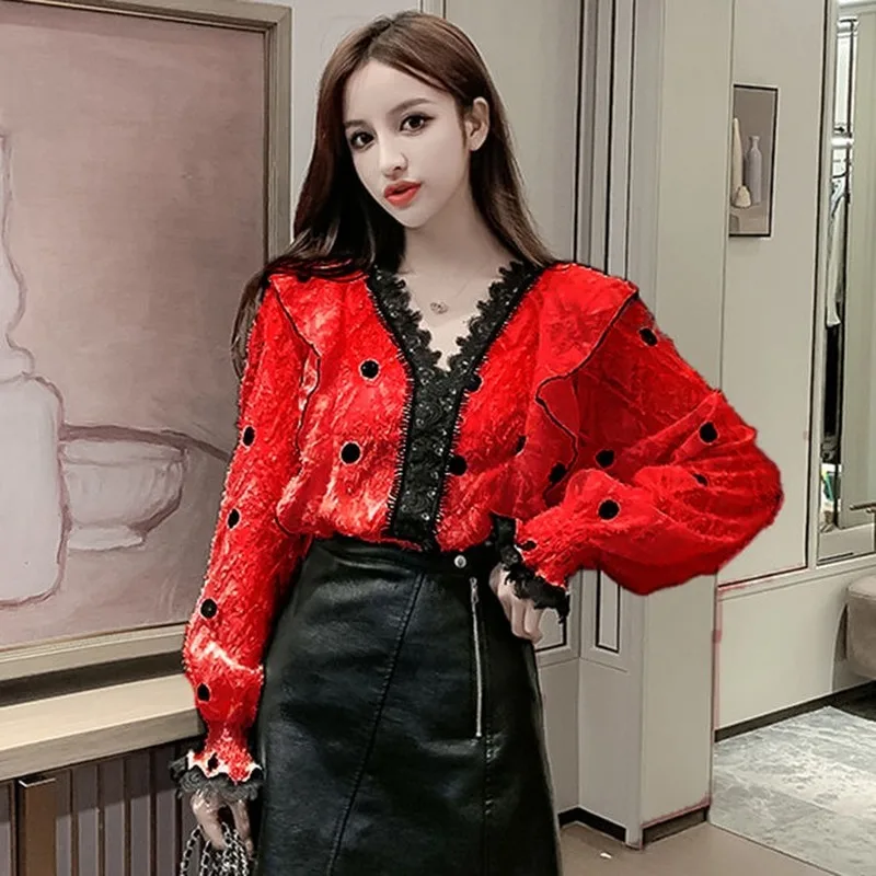 

Korean V Neck Lace Patchwork Women Blouses Vintage Polka Dot Long Sleeve Female Shirts Elegant Sexy Blusas Mujer
