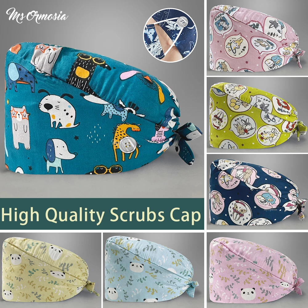 

Fashion Pure Cotton Scrubs Hat Cartoon Printing Nurse Cap Ladies Surgical Hat Unisex Nursing Hats Beauty Salon Lab Pet Shop Hats