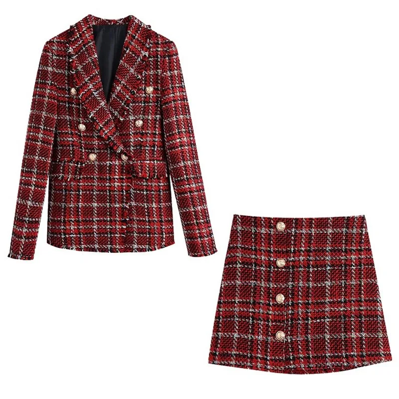 Fashion Tweed Plaid Blazer Suit Two Piece Set 2023 Women Double Breasted Casual Office Blazer High Waist Slim Mini Skirt Suits