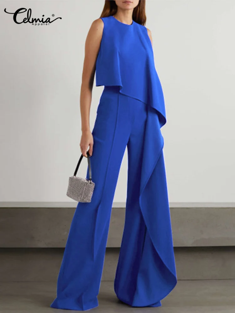 

Celmia Fashion Draped Ruffles Jumpsuits Women Elegant Asymmetrical Sleeveless O-neck Long Rompers Chic Wide Leg Pants Overalls