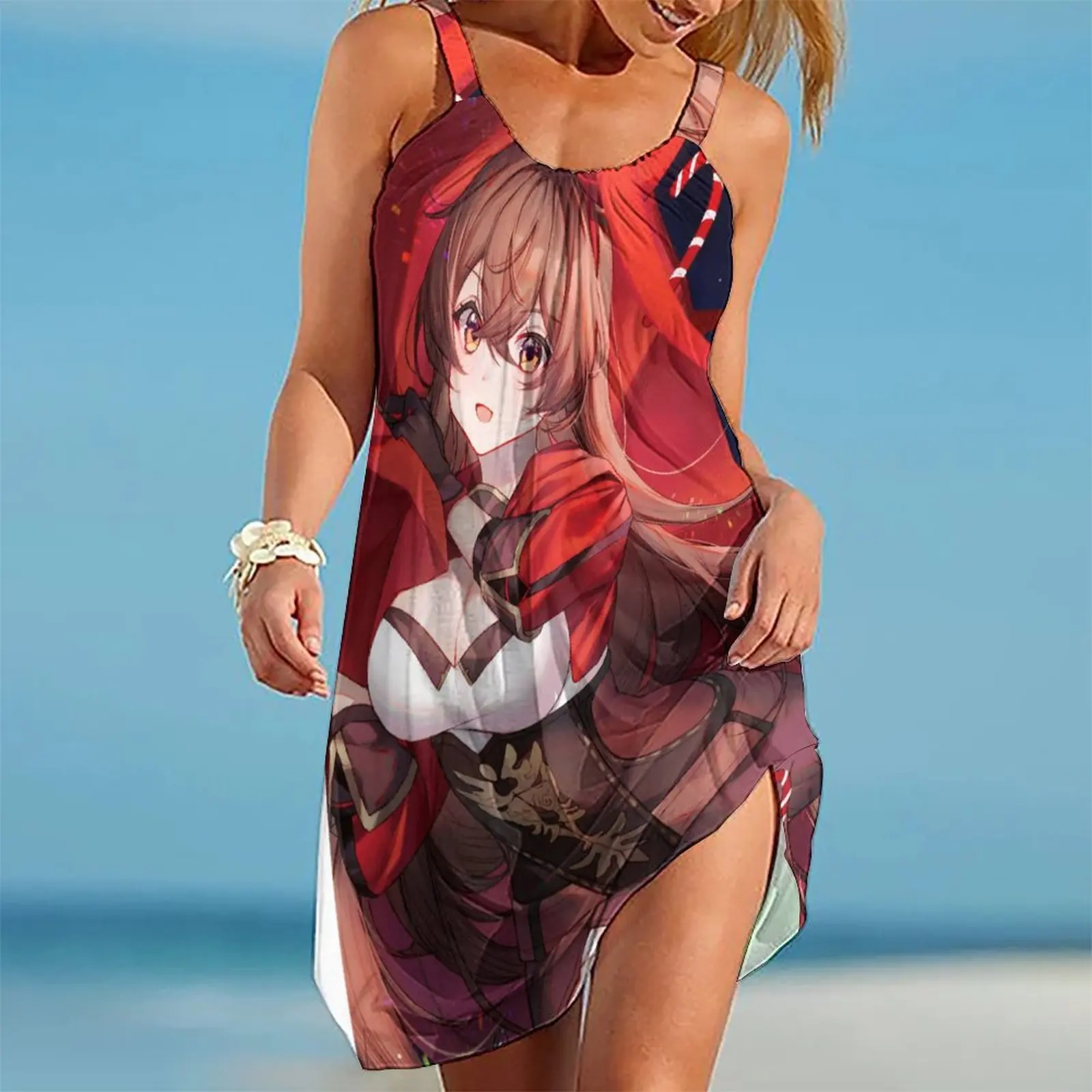 

Genshin impacto anime klee mulher vestido de praia do vintage sling midi vestidos sem mangas boho marca streetwear noite vestido