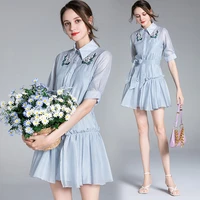 2022 summer new womens polo collar short sleeve heavy embroidery lace up waist fashion dress with suspender two piece set