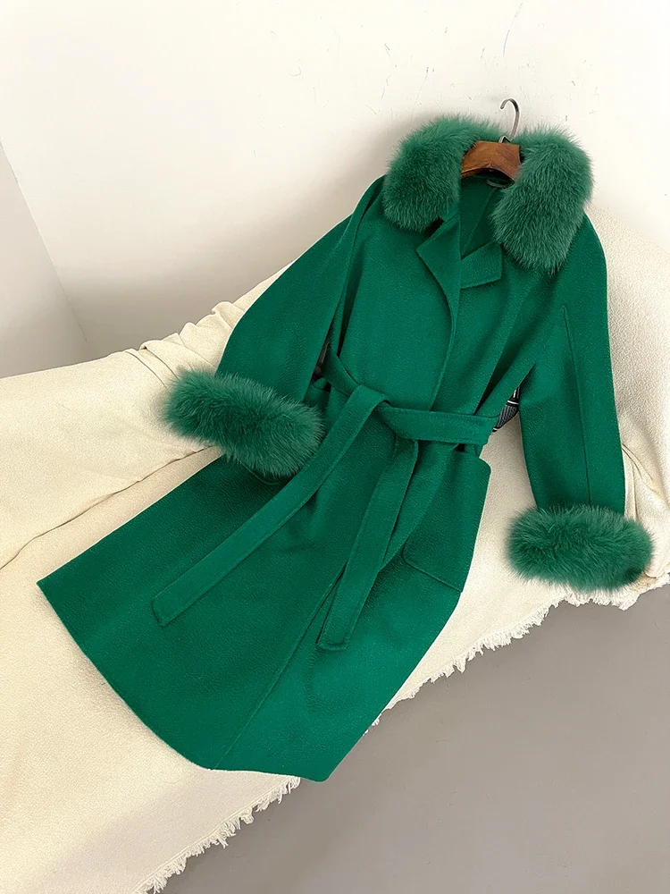 Женское шерстяное пальто с натуральным лисьим мехом элегантная свободная