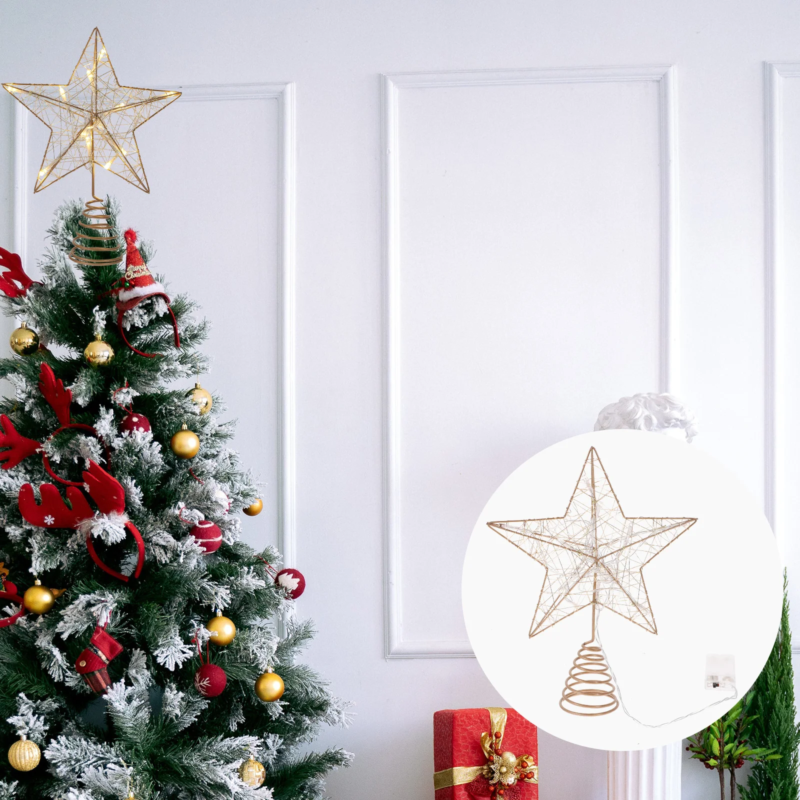 

Christmas Tree Topper Star Ornament Treetop Decoration Christmas Wire Iron Luminous Five Pointed Star Led Lamp Christmas Decor
