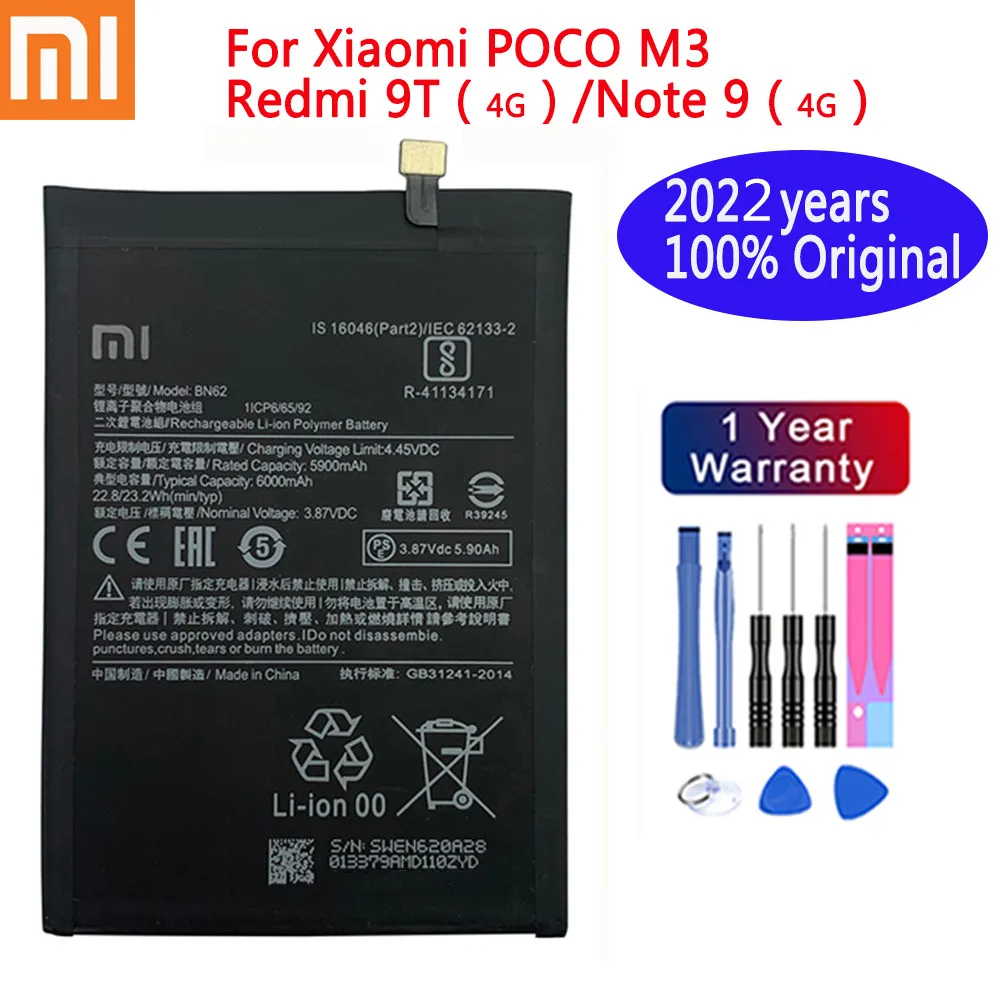 

2022 Years Xiao Mi Original Battery BN62 6000mAh For Xiaomi POCO M3 Redmi Note 9 4G 9T Replacement Batteries + Tools