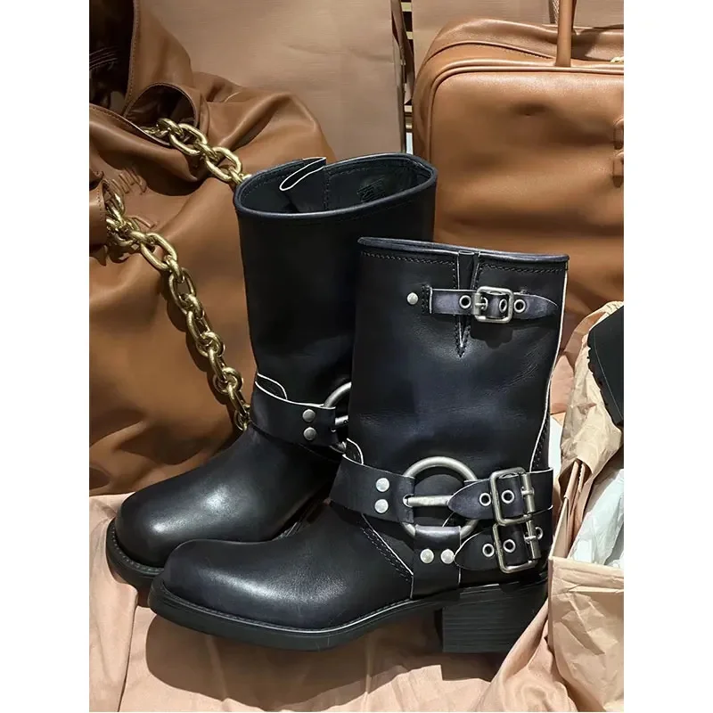 

Женские военные сапоги, новинка 2023, мотоциклетные сапоги с манжетами и пряжкой, Ретро ковбойские сапоги до колена средней длины в западном стиле