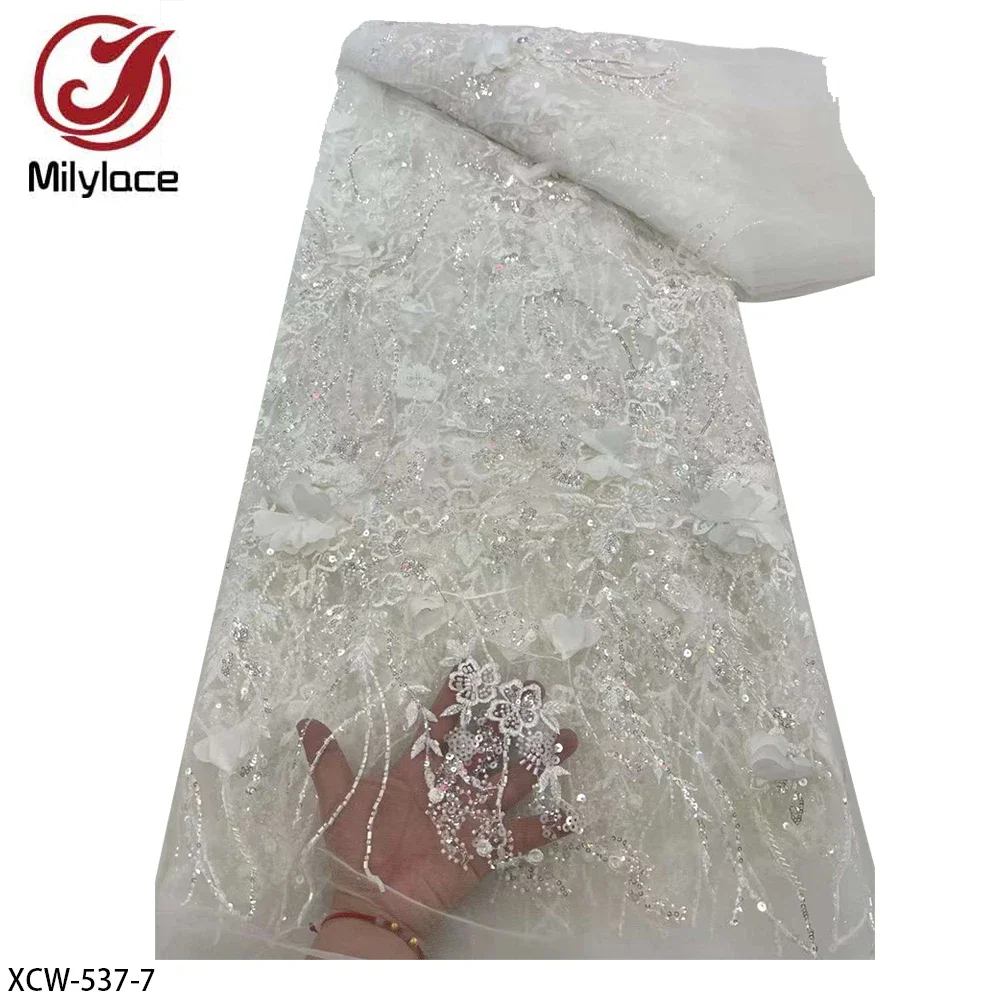 Белая кружевная ткань с 3d-аппликацией блестками и бусинами 5 ярдов великолепные