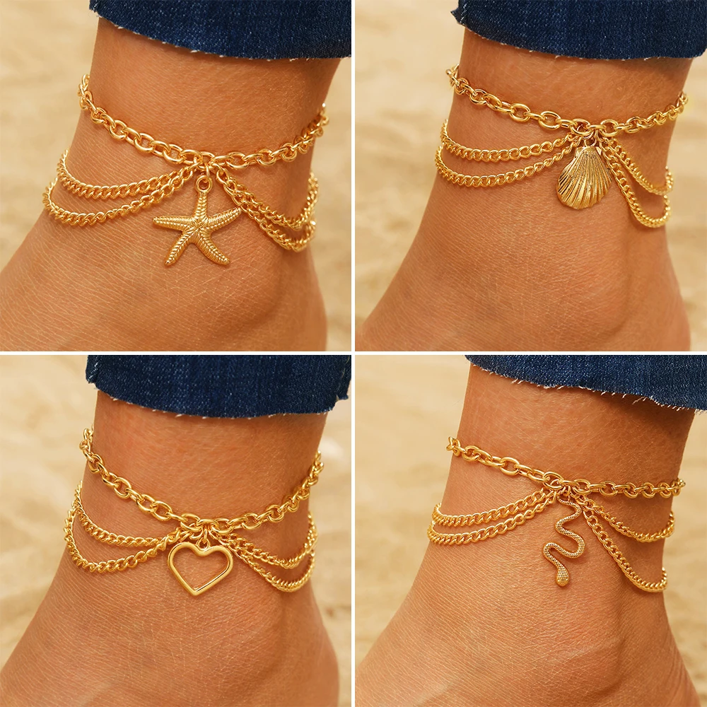

Gold Color Multilayer Chain Snake Heart Starfish Shell Pendant Anklet For Women Retro Punk Casual Party Beach Vacation Jewelry