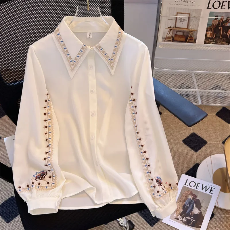 Embroidered Women be all-match High Quality Female Elegant Blouses Ladies Work Wear Shirts White Floral Clothings Chiffon Tops